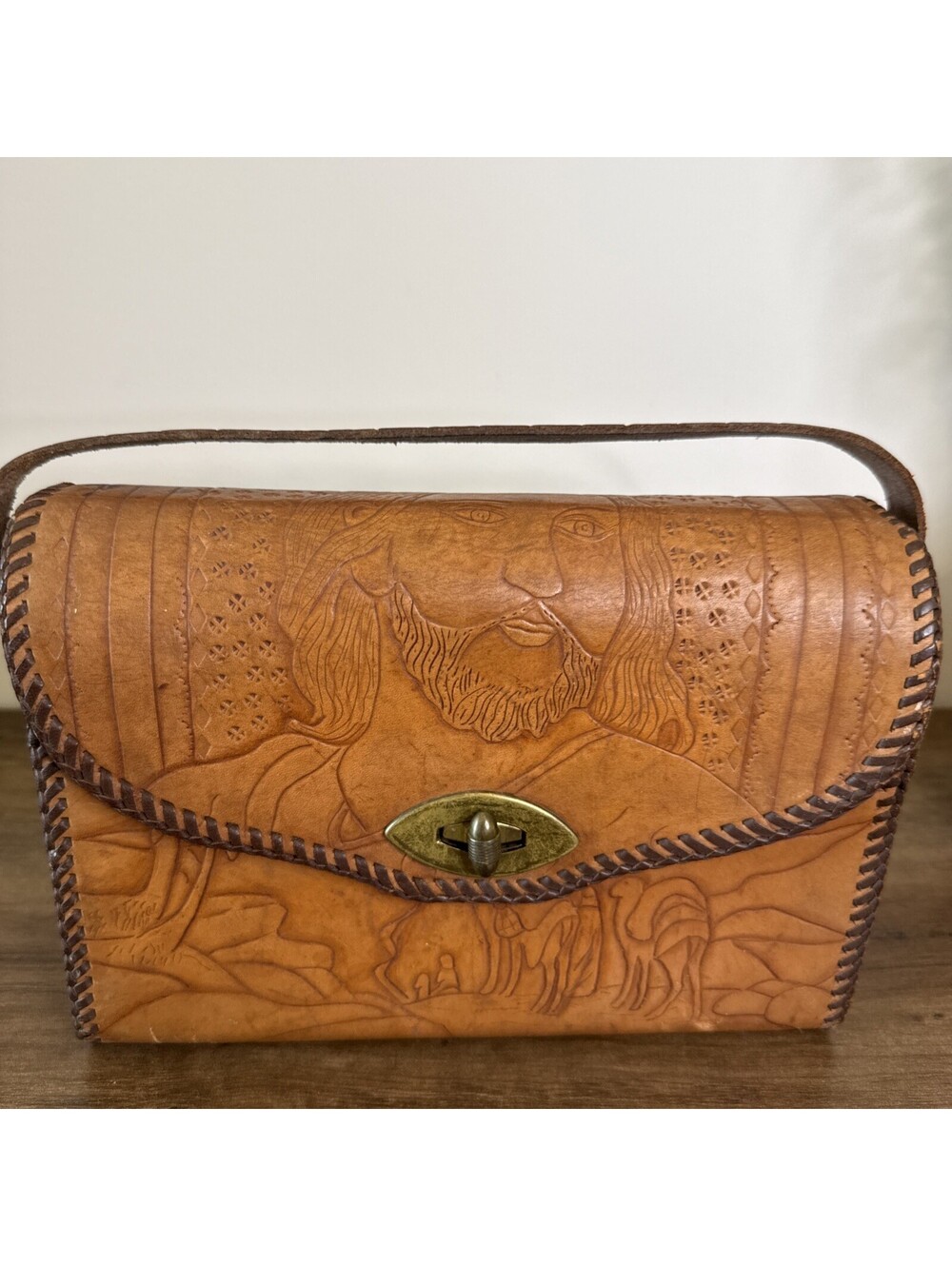 Rare vintage western hand tooled leather large purse Jesus religous handbag